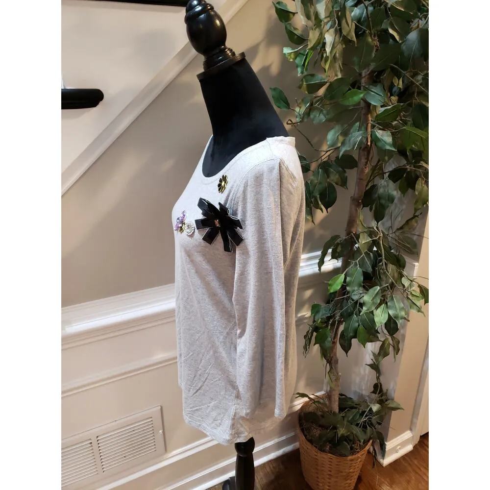 Isaac Mizrahi Floral Blouse Women's Gray Medium Size Long Sleeves Boat - Image 8