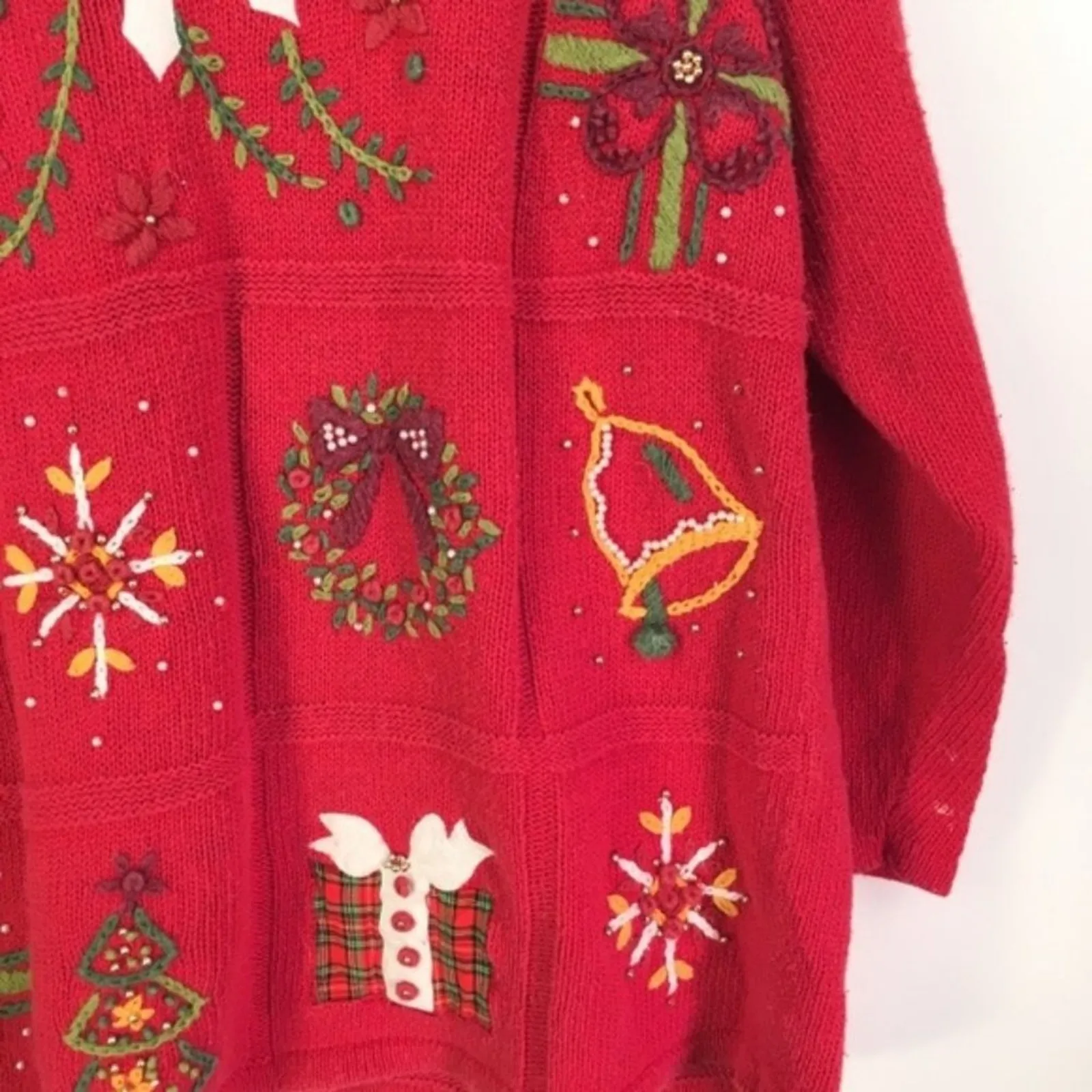 Vintage Poinsettia Bell Wreath Snowflake Christmas Sweater Sz Large White - Image 6