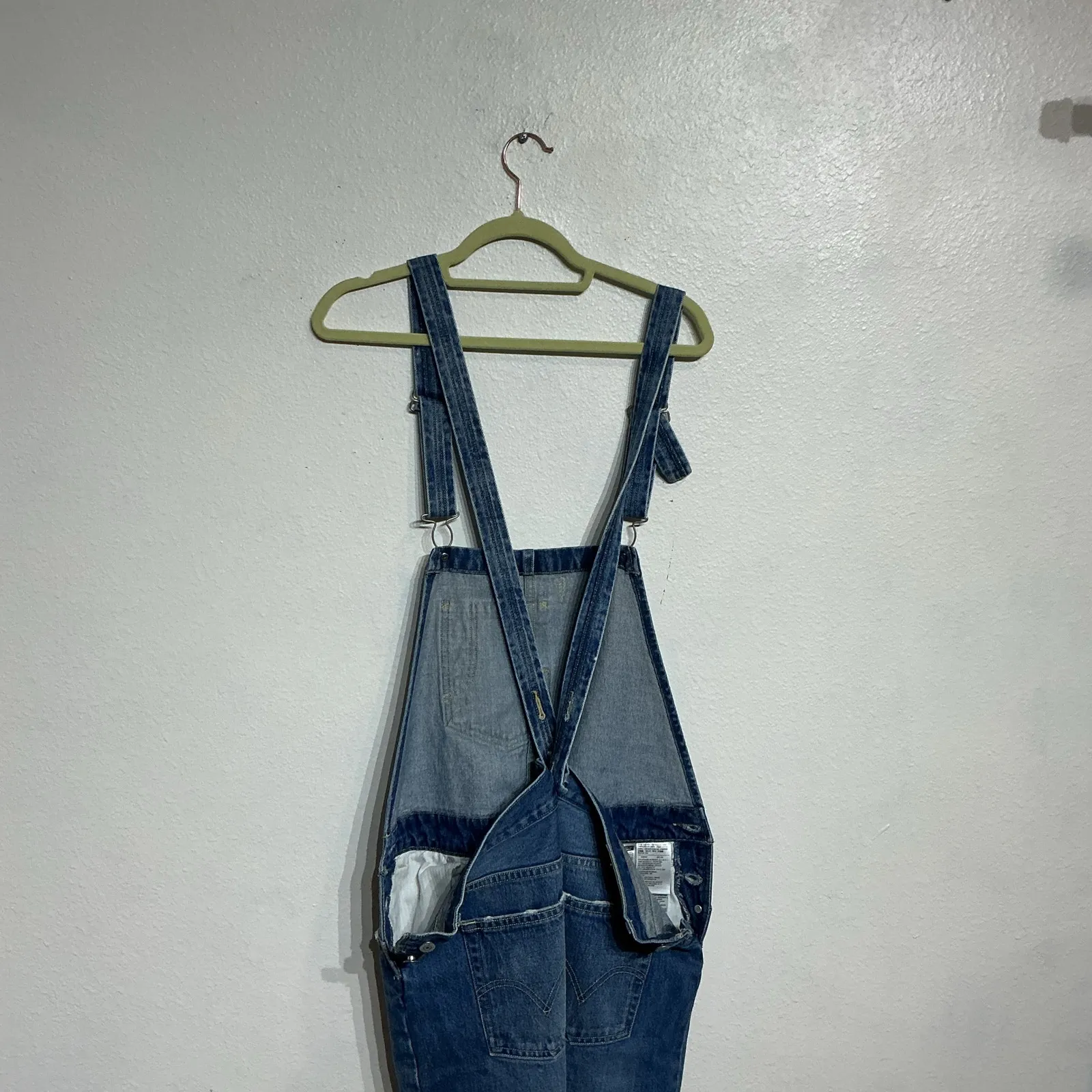 Levi's Blue Denim Distressed Straight Leg Overalls Sz M - Image 7