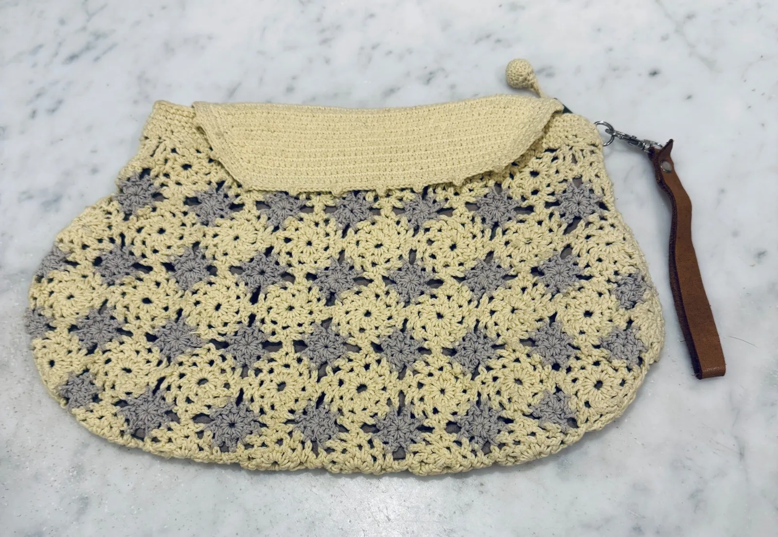 Crochet Clutch Purse Handbag Bohemian Style Snap Closure Wristlet Tan - Image 1