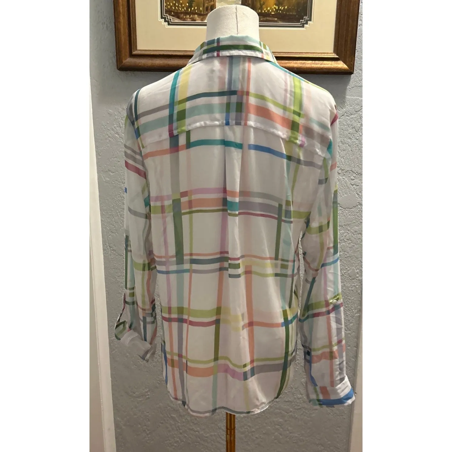 Liz Claiborne Women's M Blouse Sheer Plaid Pastel Tie Waist Beach Resort spring - Image 5