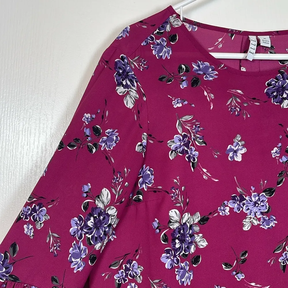 ELLE Purple Plum Fuchsia Floral  Pullover Blouse Bell Sleeves Size Med EUC #4458 - Image 5