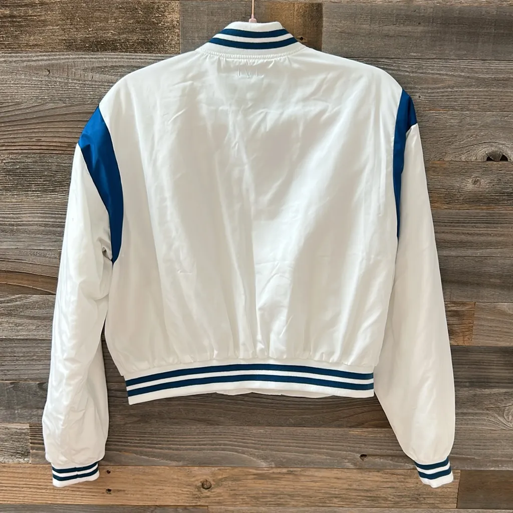 IVL Cropped Varsity Bomber White with Blue Stripes Size XS NWT - Image 4