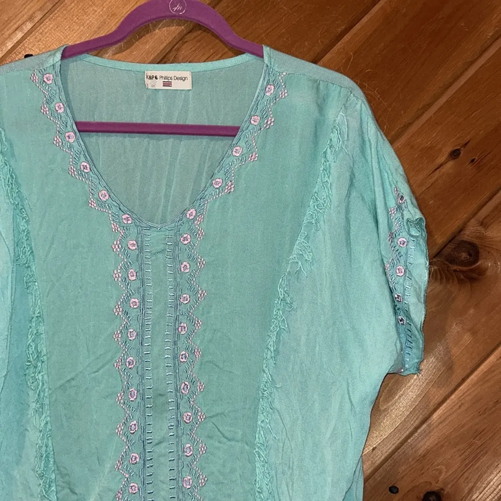 Seafoam green embroidered fringe detail swim coverup - Image 2