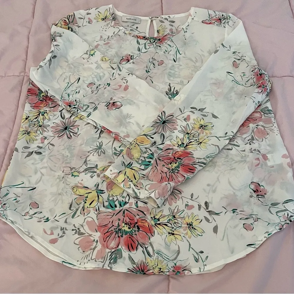 Van Heusen white floral roll tab sleeve relaxed fit blouse, size M boho summer - Image 14