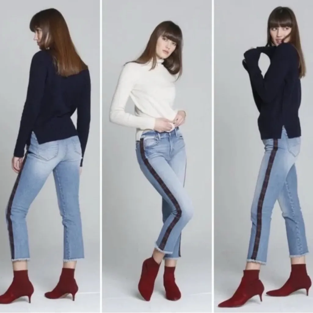 Driftwood Colette Straight Crop Jeans Frayed Hem Plaid Side Track Stripe SZ 26 - Image 2