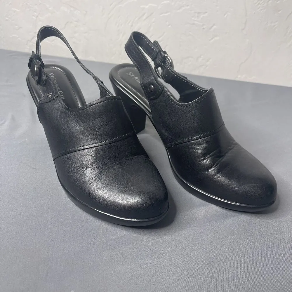 St Johns Bay Shoes Womens 8.5 M Heels Clogs Mules Buckle Black Leather - Image 3