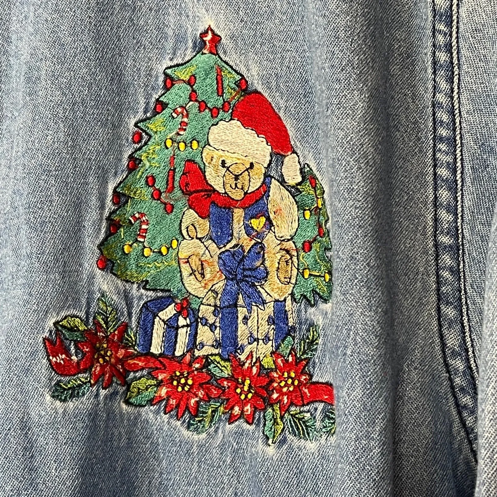 Vintage Bobbie Brooks Christmas Embroidered Denim Button Down Shirt Sz XL(16 - Image 3