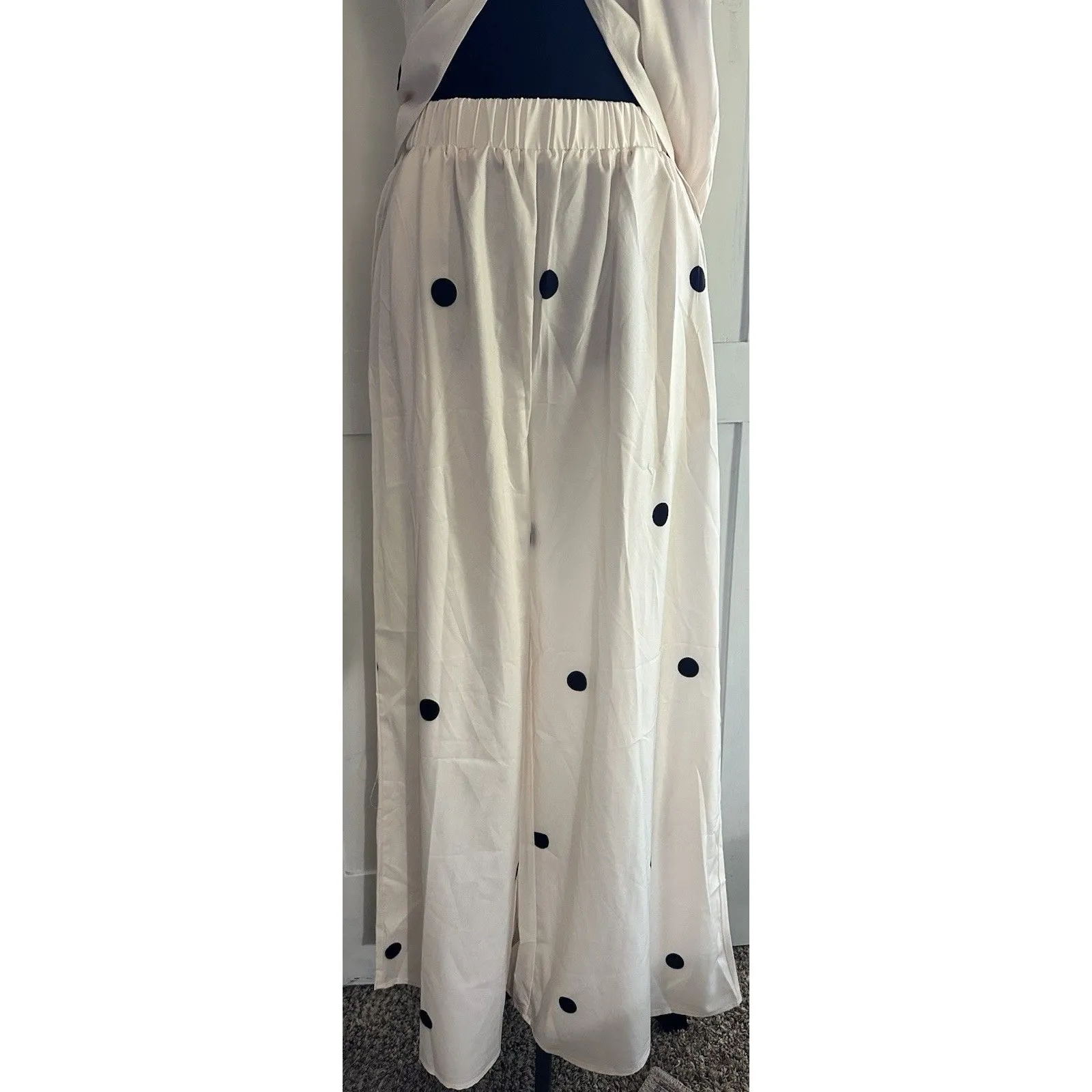 2 Piece White Polka Dot Tube Top Set Strapless Bandeau Blouse Wide Leg Pant Sz M Size M - Image 2