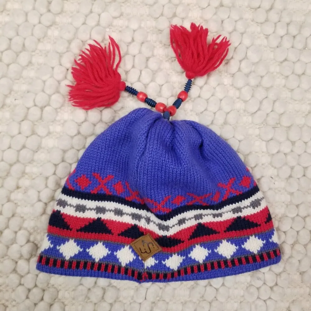 Merkley 100% Wool Patterned Beanie Beaded Pom Pom Tassel Blue - Image 7