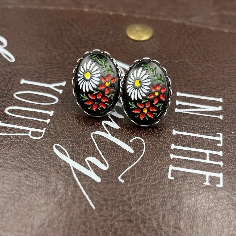 Handmade Earrings w/ Vintage Floral Cabochons Daisy Red Black Stainless Steel - Image 8