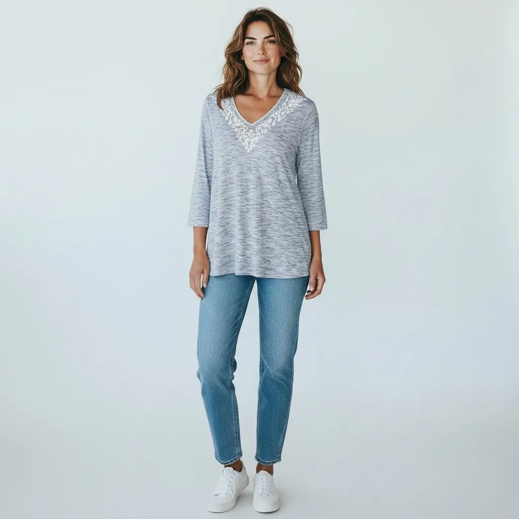 Chicos Blue White Marled Knit Lace V Neck 3/4 Sleeve Top Women 0 S 4 Striped - Image 2