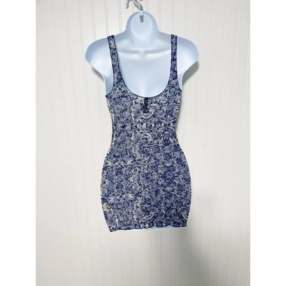 Free People Sheer Lace Printed Long Tank Top Lettuce Hem‎ Sleeveless Blue Small - Image 10