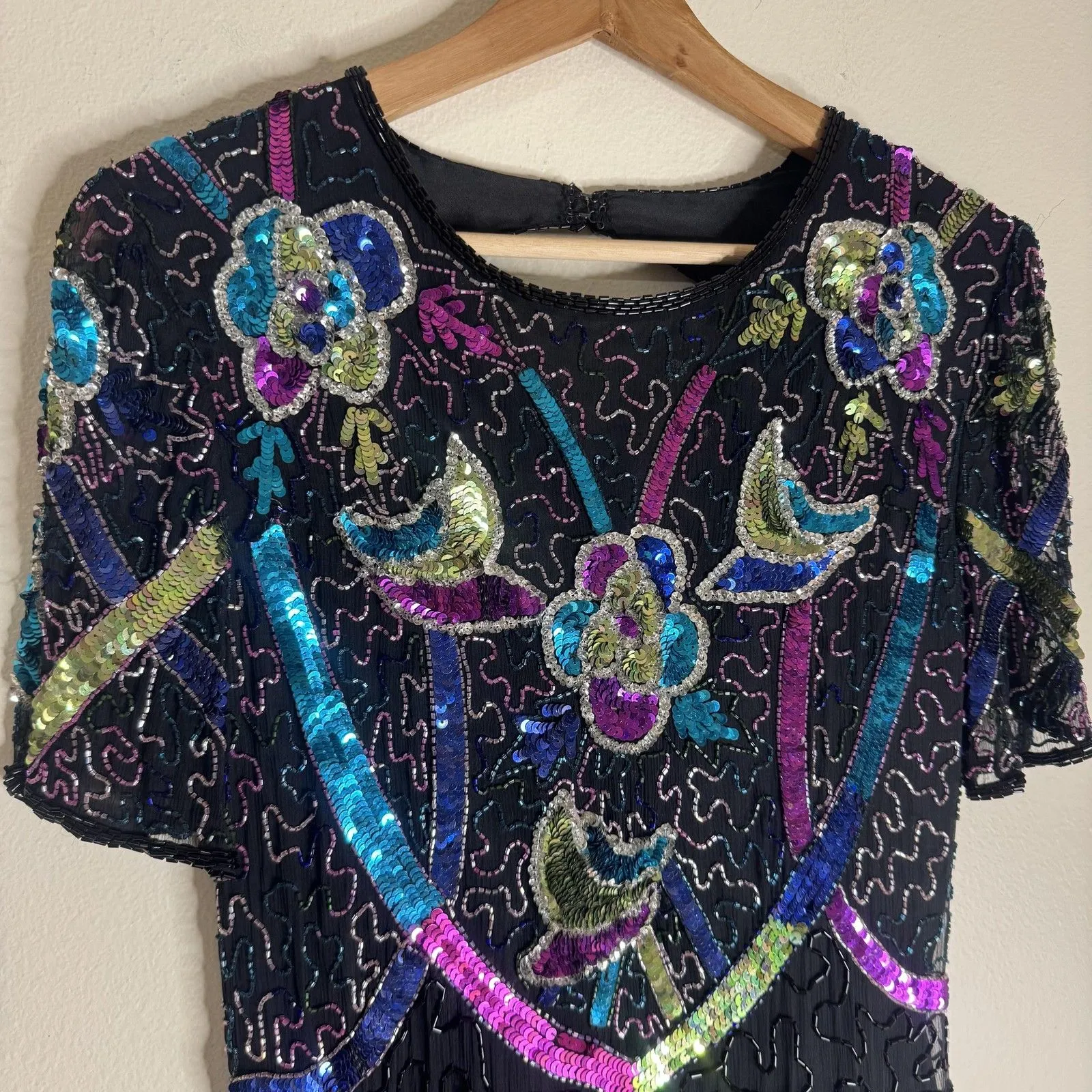 Vintage Swee Lo Dress Womens Small Black Sequin Beaded Cocktail Short Sleeve 90s - Image 5