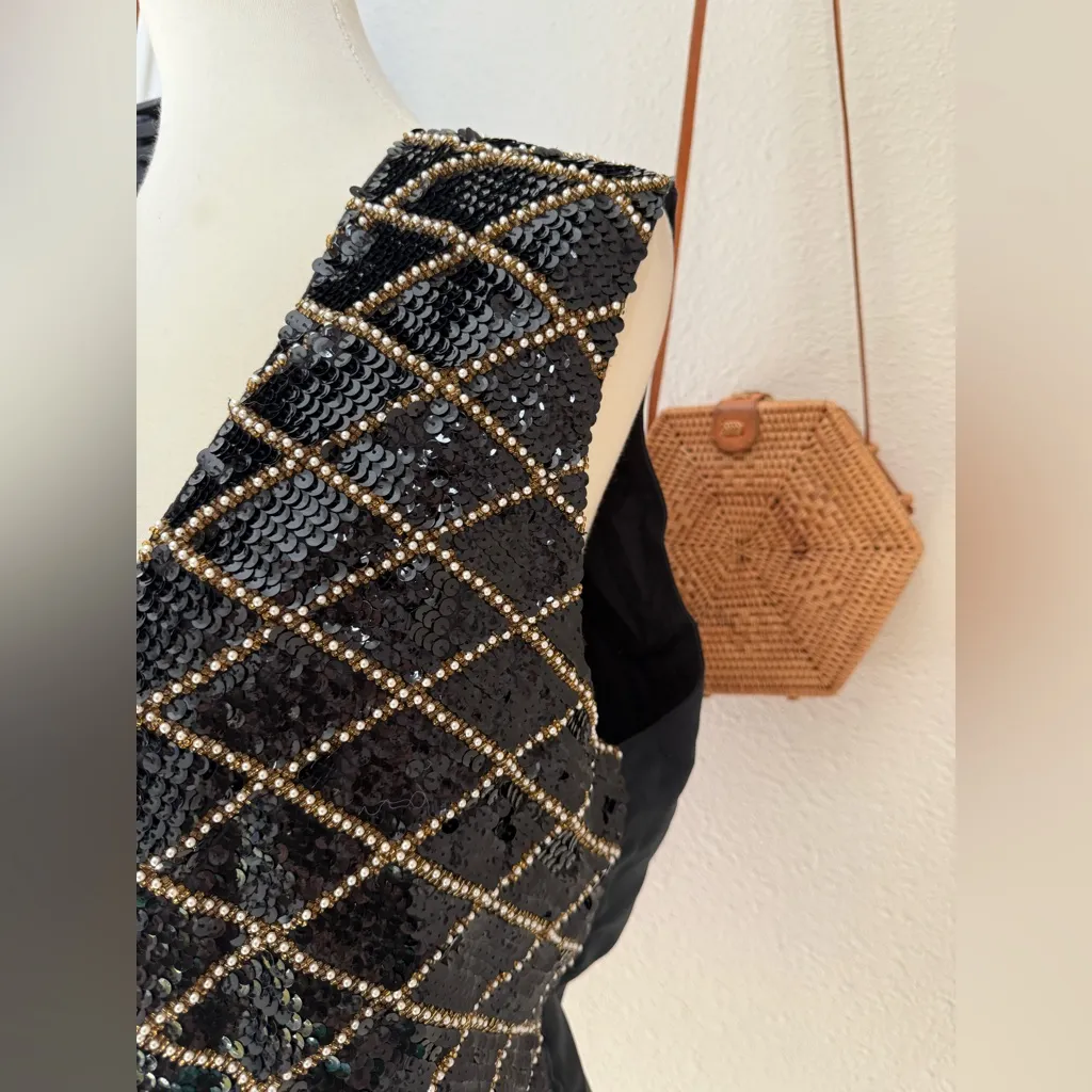 Vintage Summit Hill Sequin Button Vest, Size Medium Black - Image 3