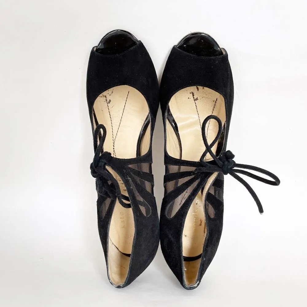 Kate Spade New York Suede Mesh Tie Peep Toe Heels Size Six Black Butterfly - Image 3