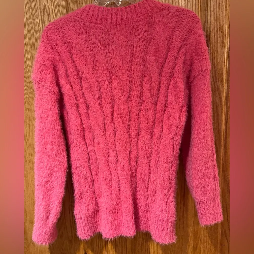 Lucky Brand Plush‎ Fuzzy Cable Knit V-Neck Pullover Sweater in Hot Pink Size XS - Image 7