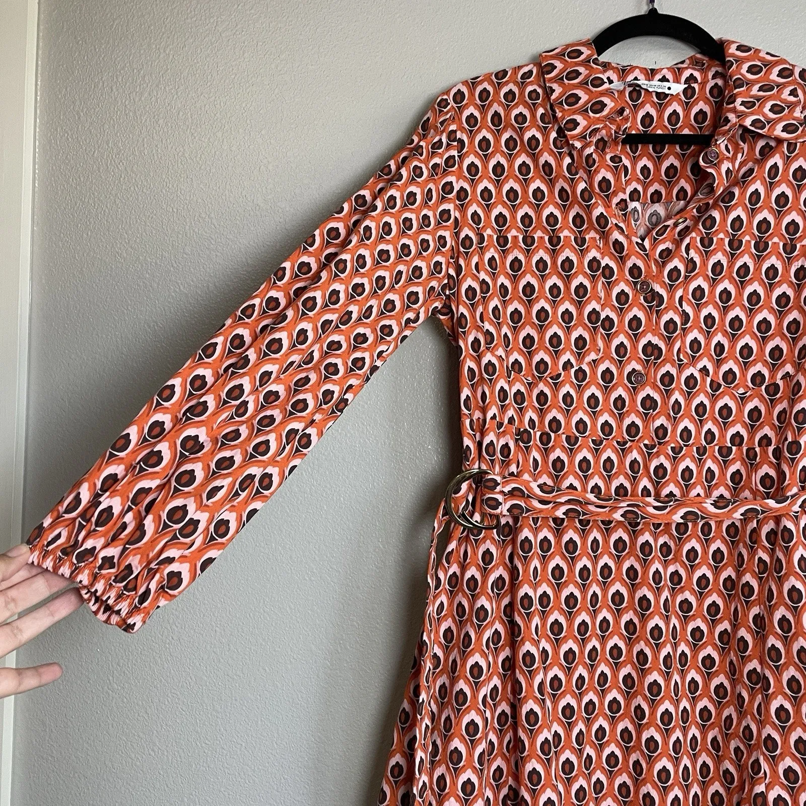 ZARA Shirt Dress Medium Orange Geometric Short Cotton Belt 60s 70s Retro Disco - Image 2