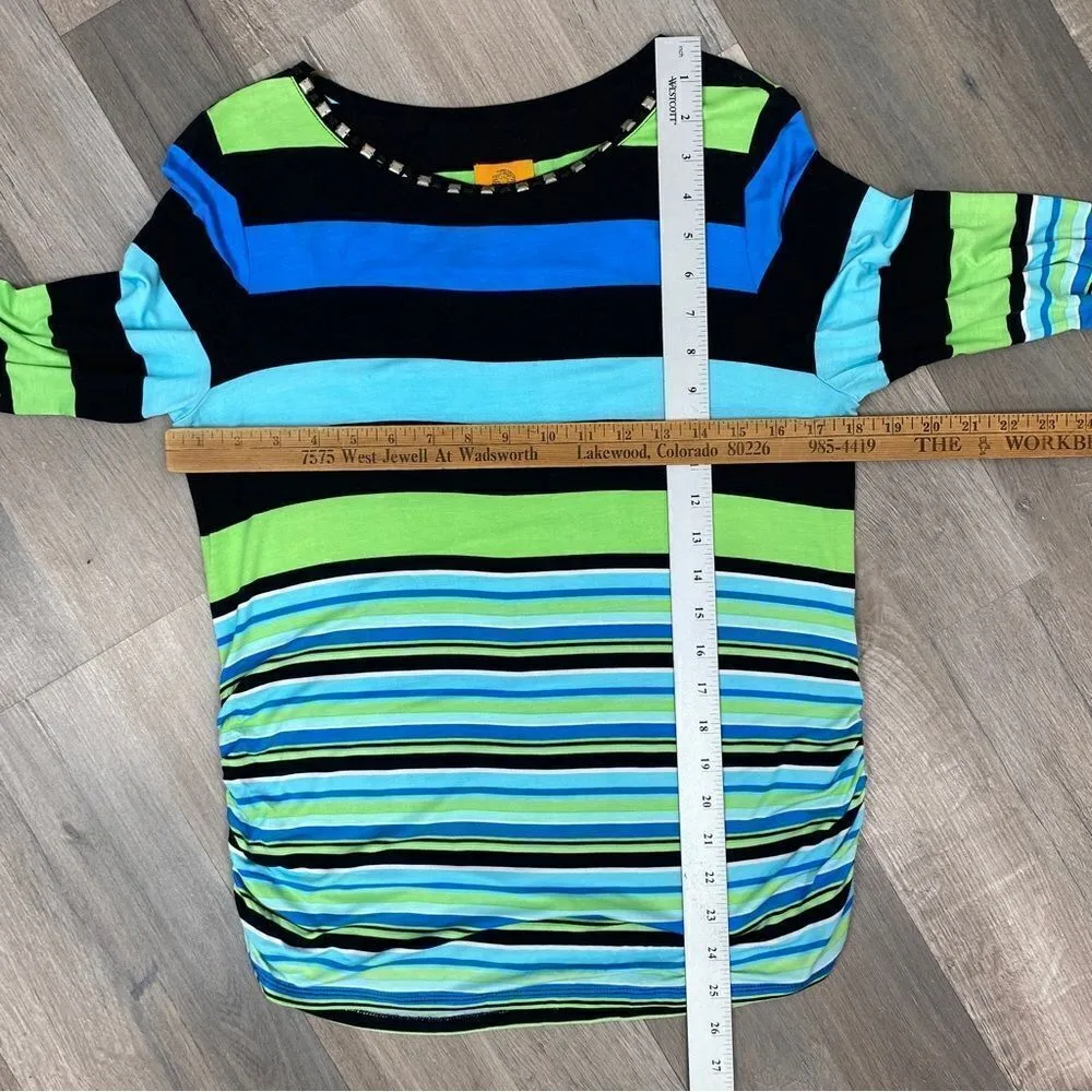 Ruby Rd. Beaded Neckline Striped Shirt Teal Lime Black Small Blue - Image 10