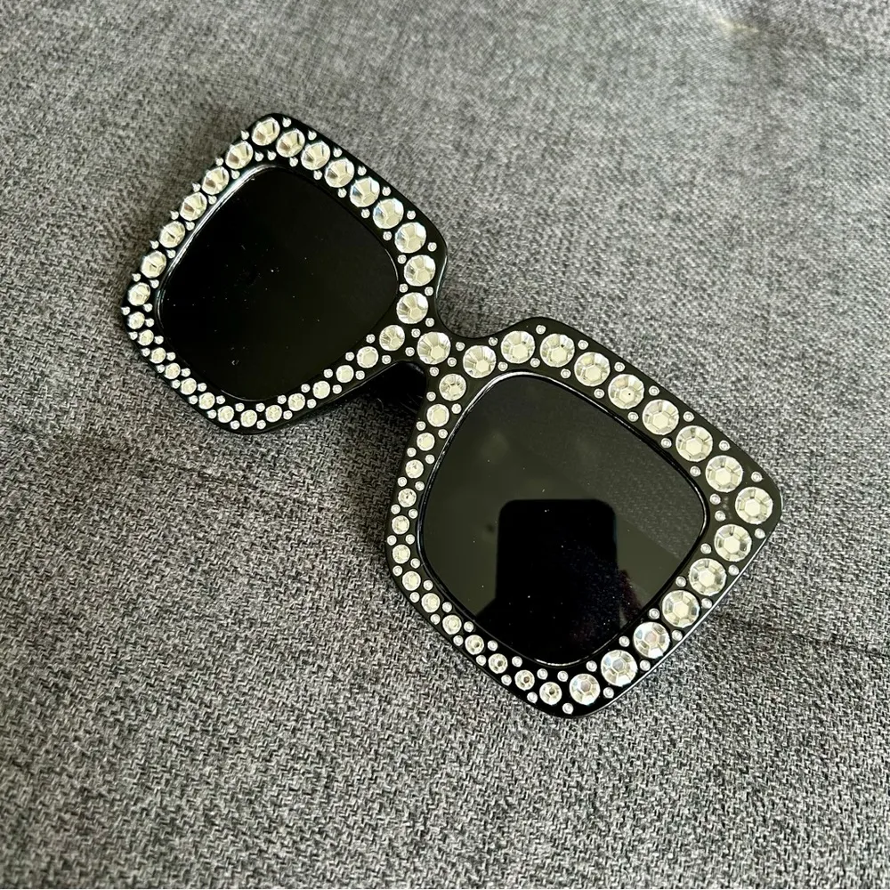 Sparkly, Fluted Rhinestone Rimmed Sunglasses, Black, Silver Black - Image 2