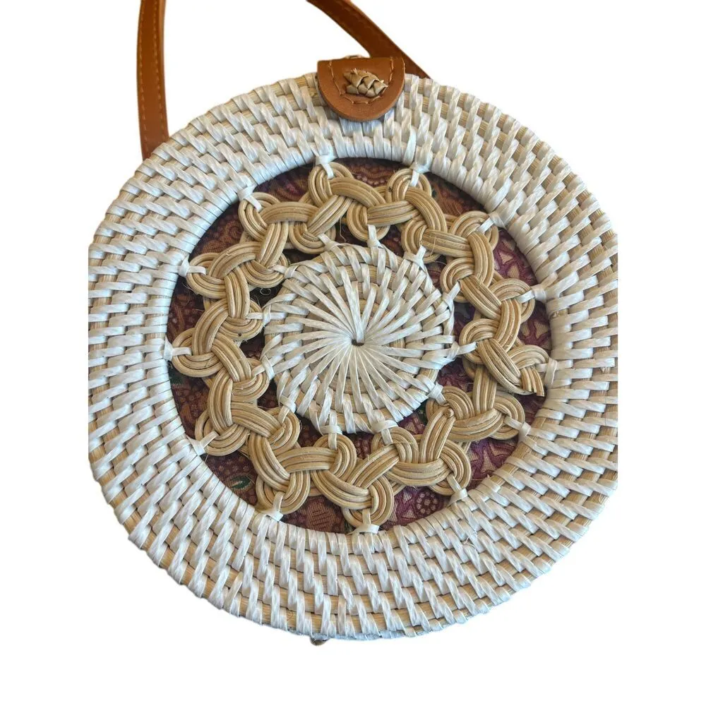 Woven Rattan Crossbody Bag Boho Wicker Round Purse Summer Beach‎ Basket Bag White - Image 2