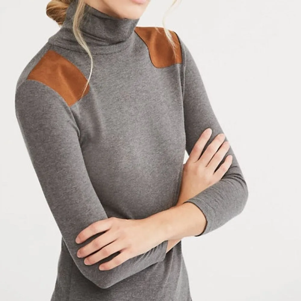 Polo Ralph Lauren Grey Suede Trim Turtleneck Wool Blend Jersey Midi‎ Dress Large - Image 3