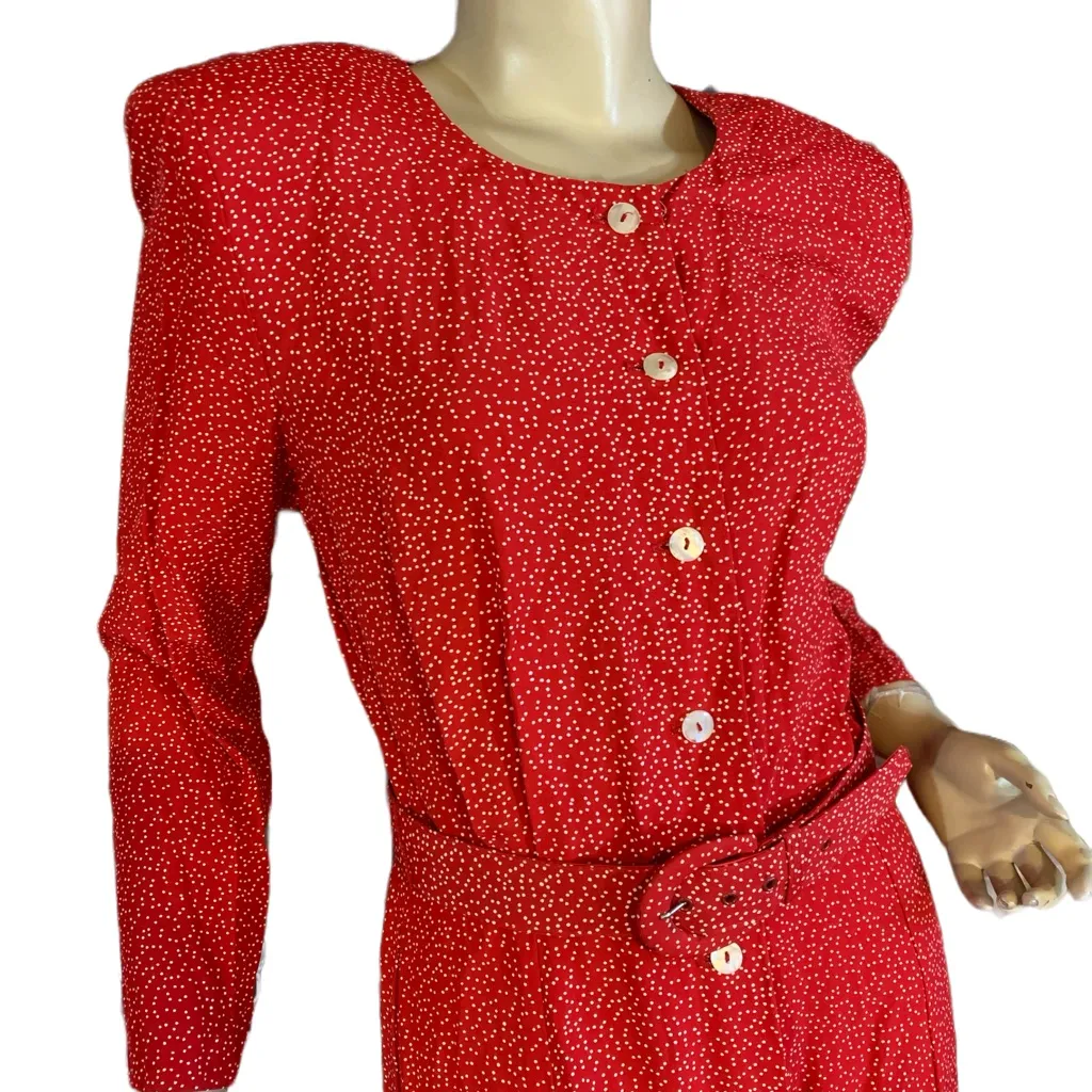 TALBOTS SARA CAMPBELL VINTAGE 1990'S RED WITH WHITE POLKA-DOTS SHIRT DRESS (10) - Image 8