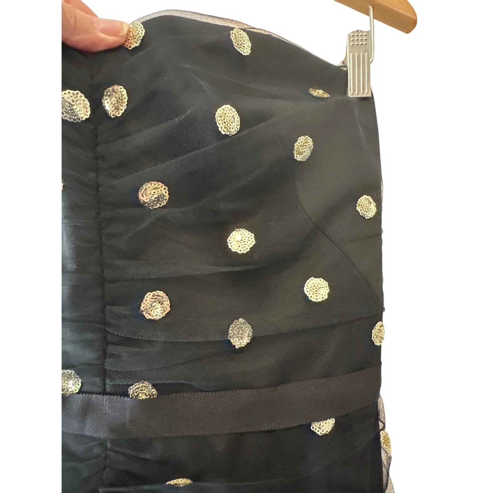 Marchesa Notte NWT Strapless Black Gold Sequin Polka Dot Tulle Midi Dress Sz 8 - Image 7