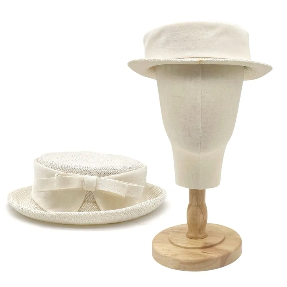 Vintage 1950s Cream Straw Sailor Hat Antique Ivory Boater Skimmer W Bow Detail - Image 2