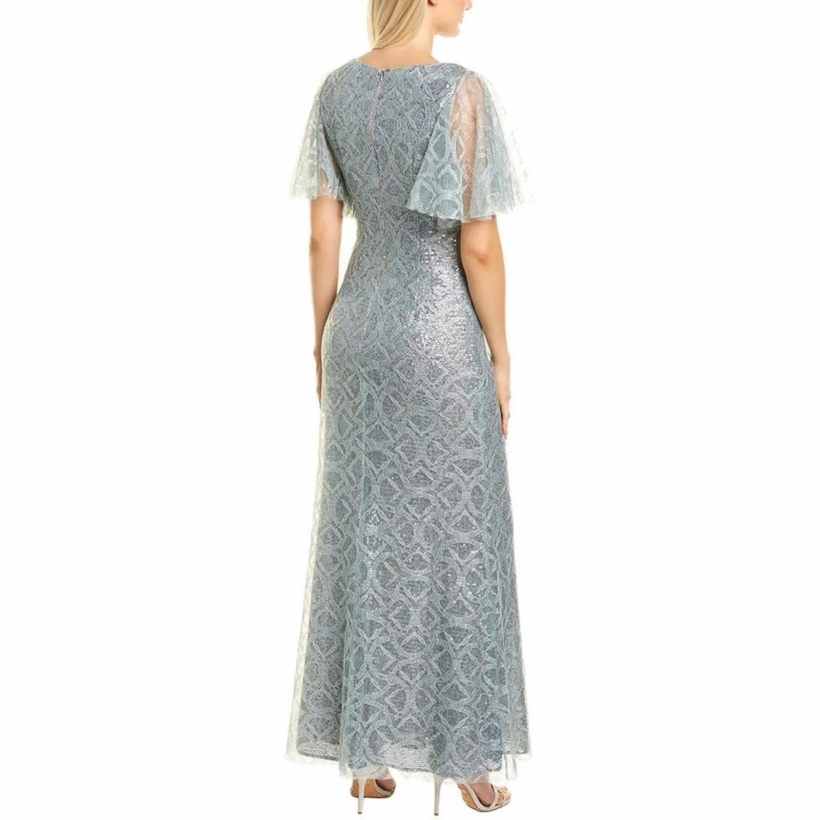 NWT JS Collections Sequin V-Neck Cape Gown Metallic Lace Light Blue Formal Dress - Image 2