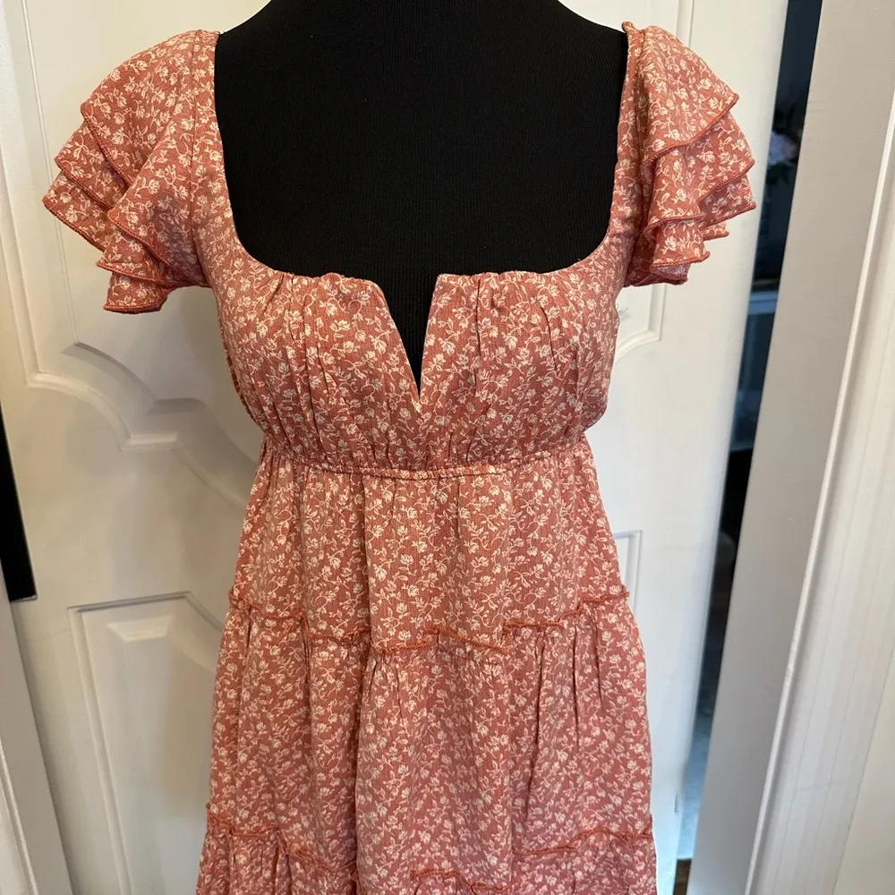 Altar’d State Square Neck Wired V Ruffle Sleeve Dress Faded Red Pink Floral NWOT - Image 3