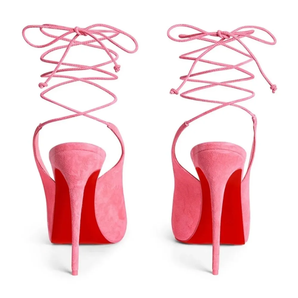 CHRISTIAN LOUBOUTIN Lace Up NVP Pink Suede Peep Toe Wraparound Pumps Siz… - Image 7