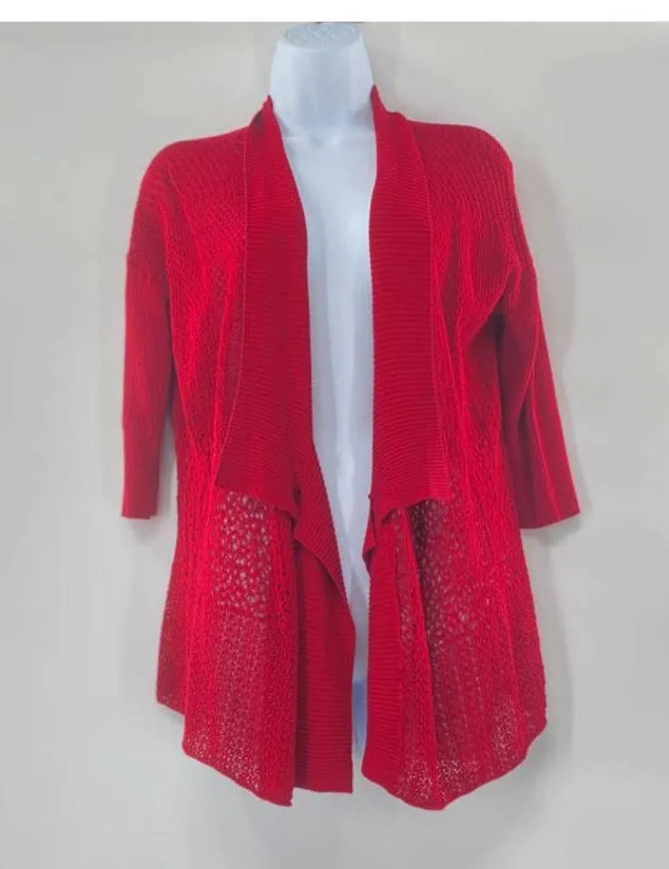 Eileen Fisher Red Open Front Drape Mixed Knit Silk Cardigan Size Small Red - Image 5