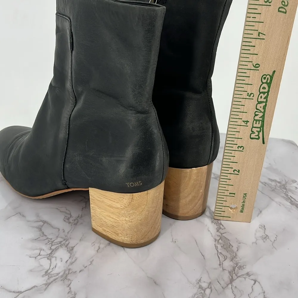 TOMS Evie Leather Block Heel Ankle Boot Black‎ Sz 9 Side Zipper Comfy Boho Comfy - Image 2