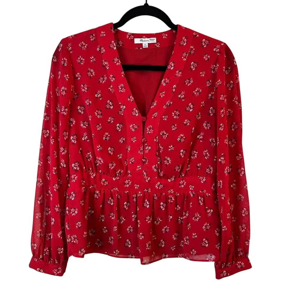 Madewell Floral Print Peplum Blouse Long Sleeve V Neck Red Top XS Romantic Class - Image 3