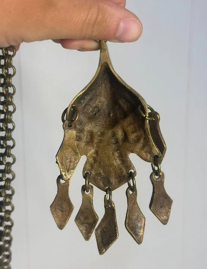 VTG Brass Statement Necklace Tribal Pendant with Chunky Chain & Dangling Accents - Image 6