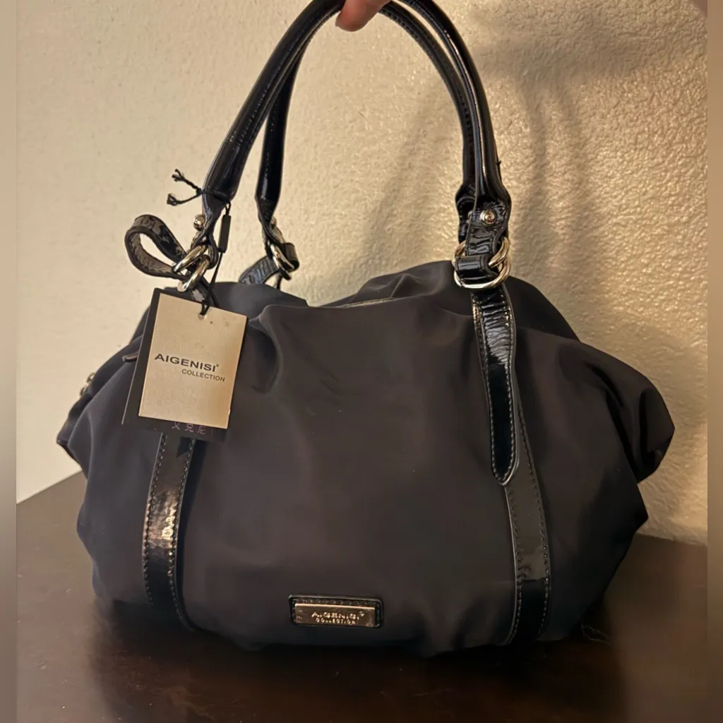 NWT Aigenisi Collection Black Nylon & Patent Leather Handbag | Purse - Image 2