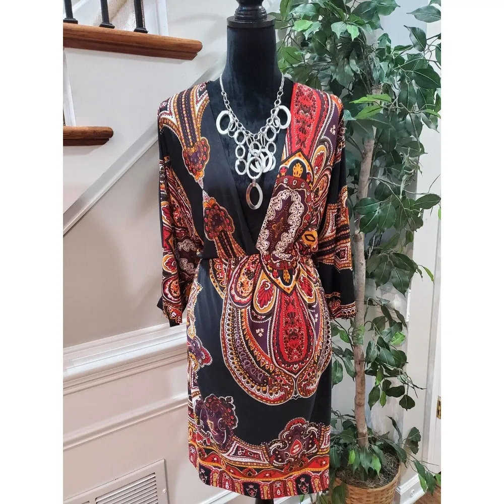 Cristinalove Black Paisley Polyester Long Sleeve Casual Knee Length Dress XL - Image 10
