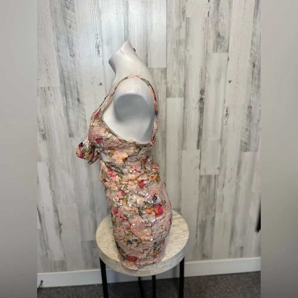 Kira Kira Sequin Floral Bodycon Dress with Front Tie Cutout – Size Large - Image 4