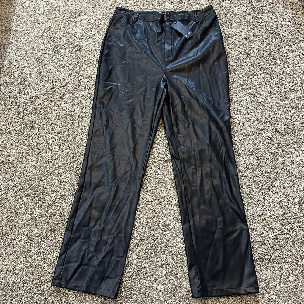 Nasty Gal Women’s Size 14 Black Faux‎ Leather Wide Straight Leg Trouser Pants - Image 3