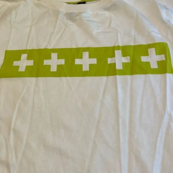 BP + Wildfang White Organic Cotton T-Shirt with Lime Green Cross Detail‎ 1X - Image 7