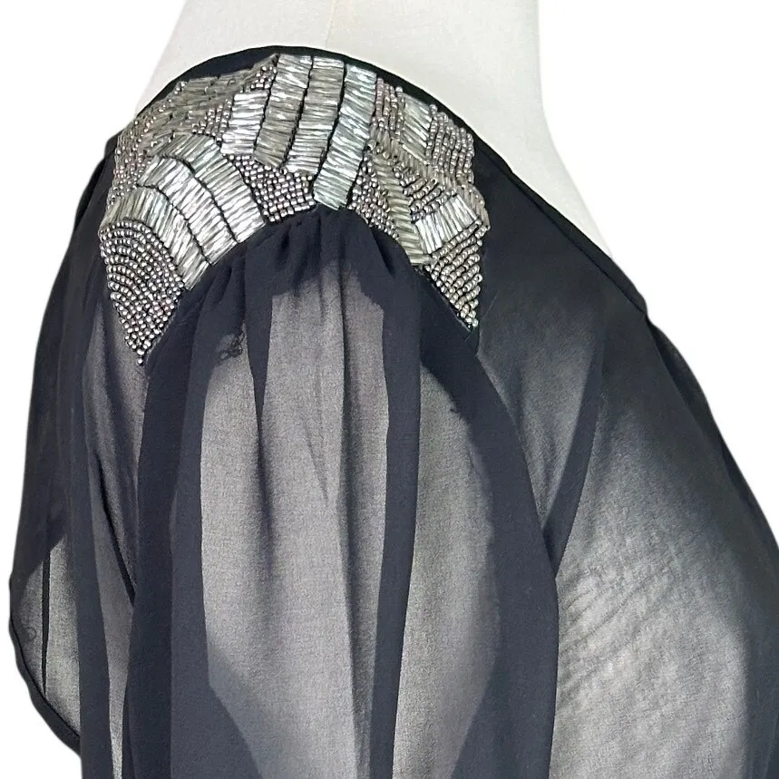 Fun & Flirt Black Sheer Mesh beaded Shoulder Cutout Back Peplum Top Sparkly NYE - Image 3