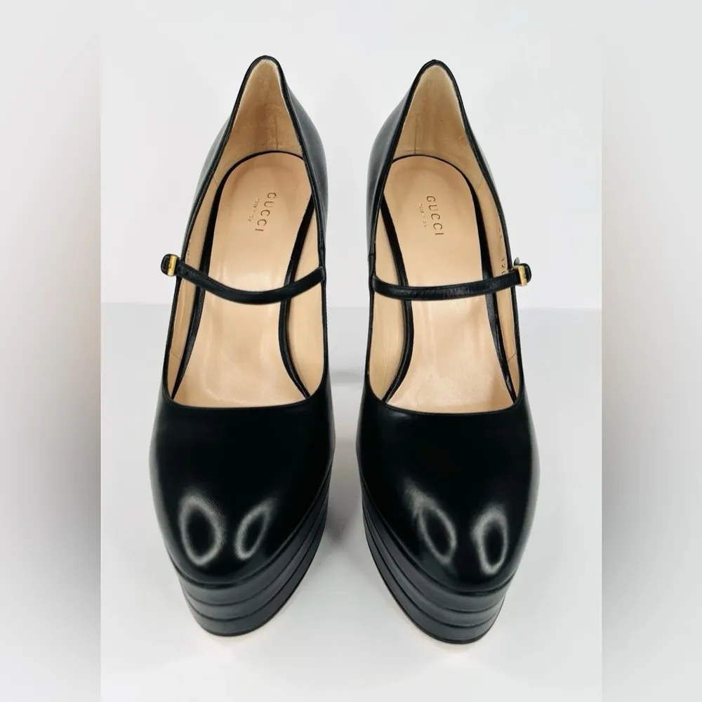 Gucci Plato Malaga Leather Platform Mary Jane Marmont Heel Pumps Size EU 40.5 - Image 4