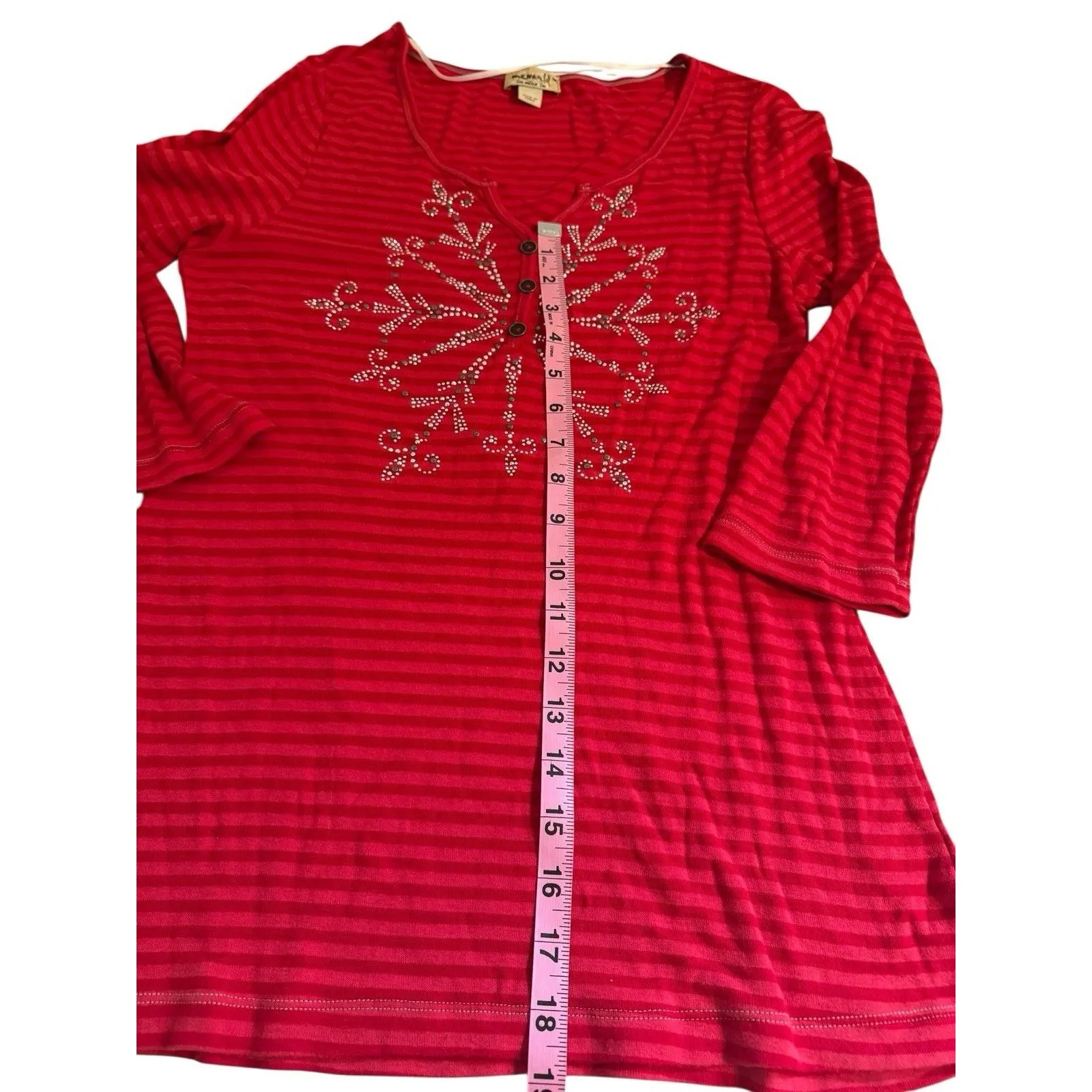 One World Womens Top Size Med Rhinestones Star Vneck Holiday Red Striped Shirt - Image 6