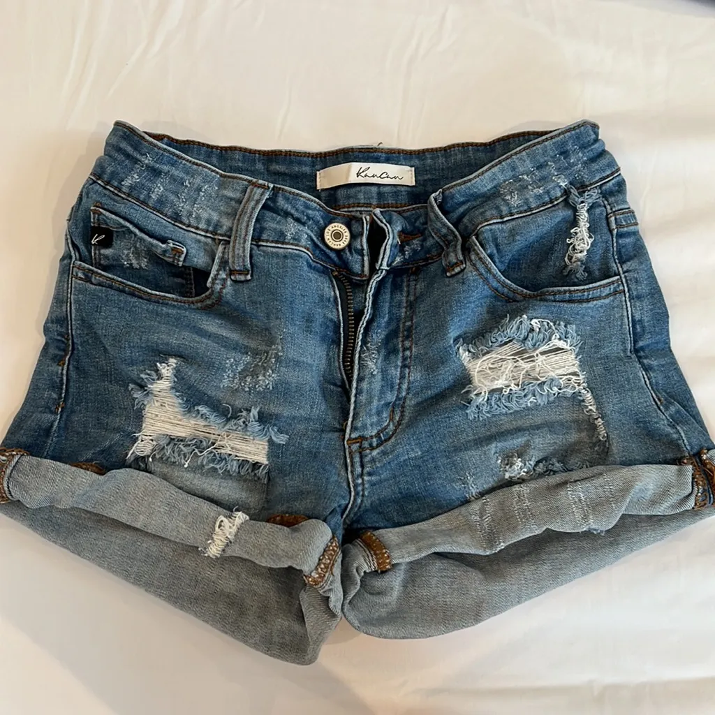 Women size 25 blue Jeans shorts distressed ripped details stretchy folded hem - Image 3