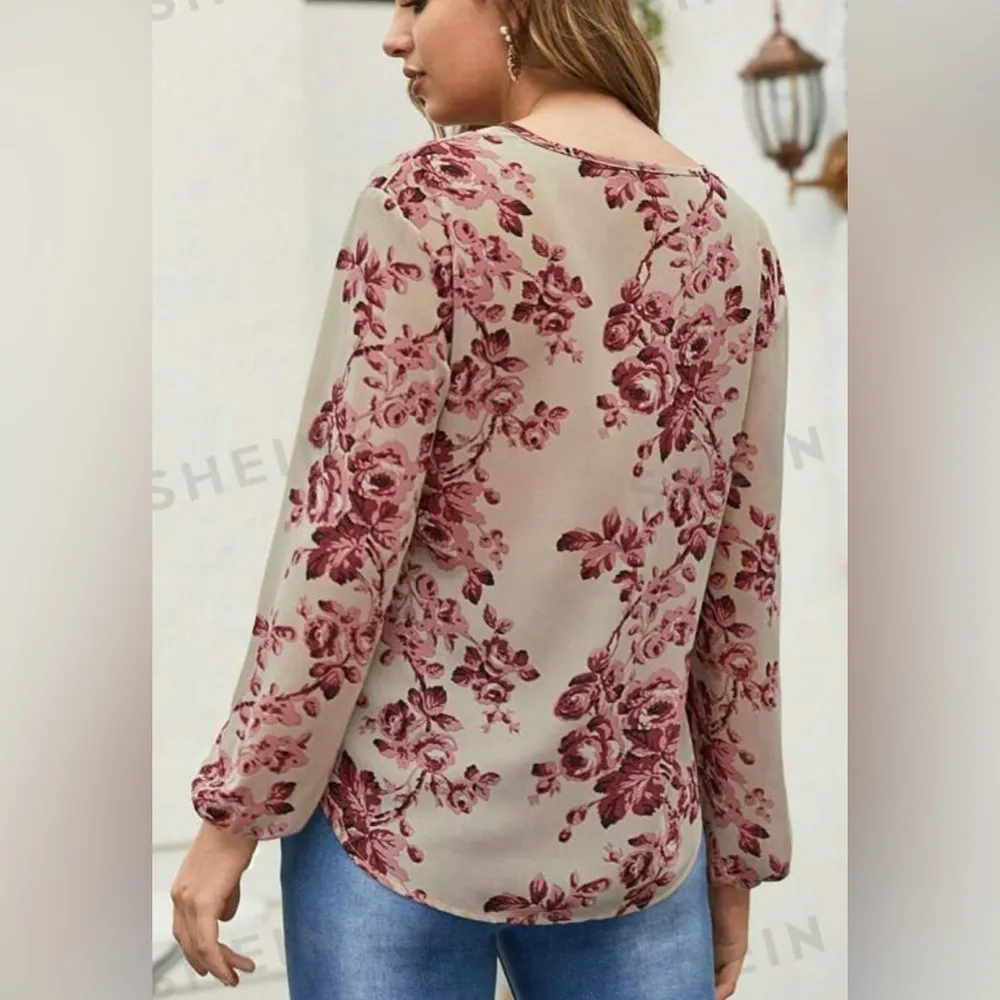 SHEIN Curve floral semi sheer blouse elastic at wrists puffy long sleeve size 4X - Image 2