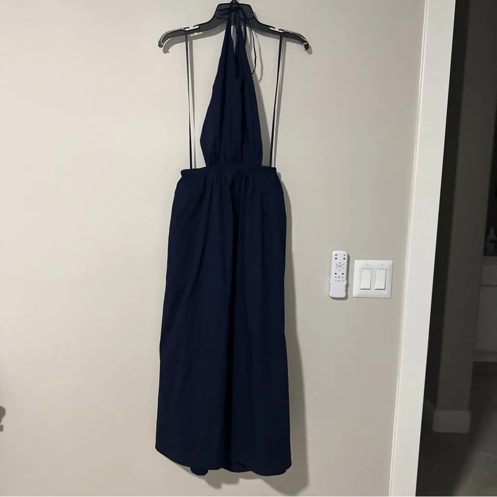 STAUD Vanessa halterneck cotton blend poplin dress pocket tie back midi navy M Blue Size M - Image 3