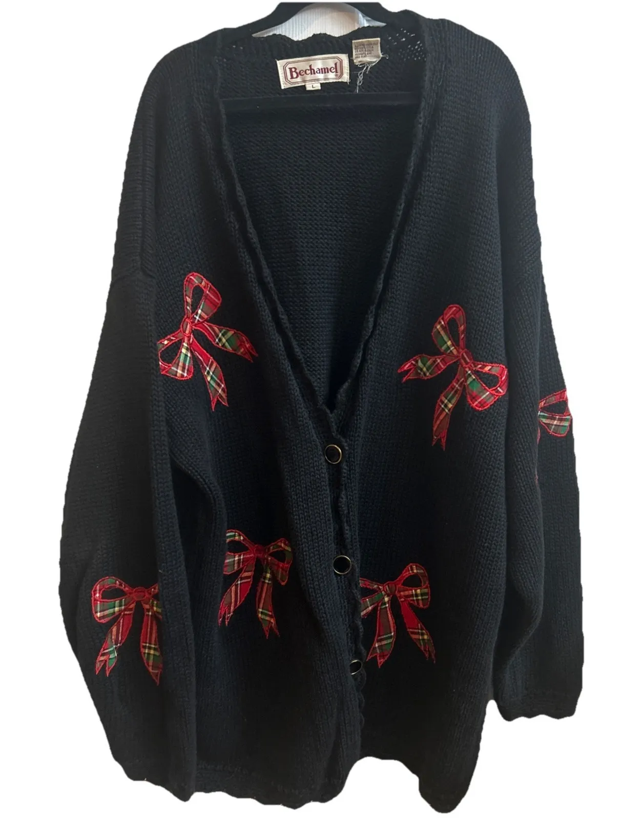 Vintage Bechamel Christmas Cardigan Sweater Plaid Bow Appliqué Ramie Cotton L Black Size L - Image 1