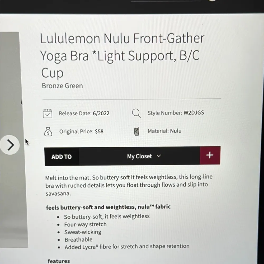 Lululemon Nulu Front Gather Yoga Bra Light Support B/C Cup Sz8 Bronze Green - Image 3