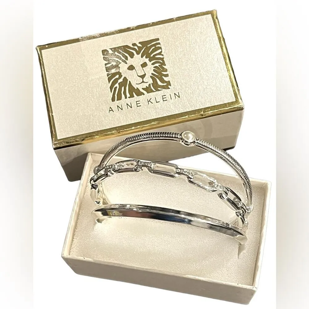 NEW Anne Klein BANGLE BRACELETS Silver Tone 3-Pc Set Crystal & Faux Pearl Boxed - Image 3
